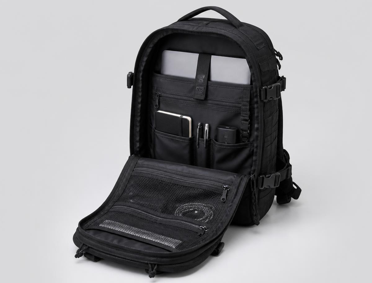 Interior organizado de la mochila Solvex Assault en Negro