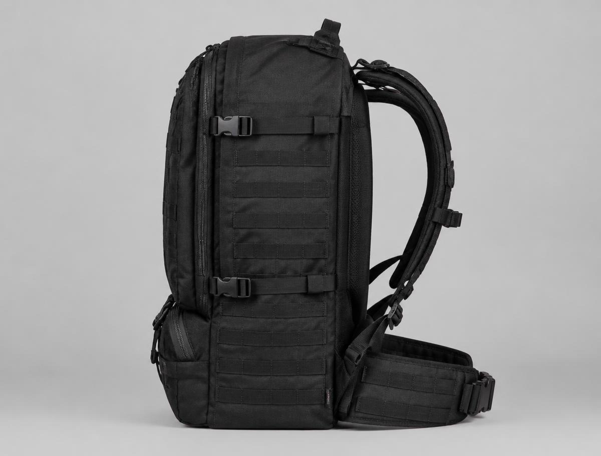 Mochila táctica Solvex Assault 50L en Negro de perfil con cintas MOLLE