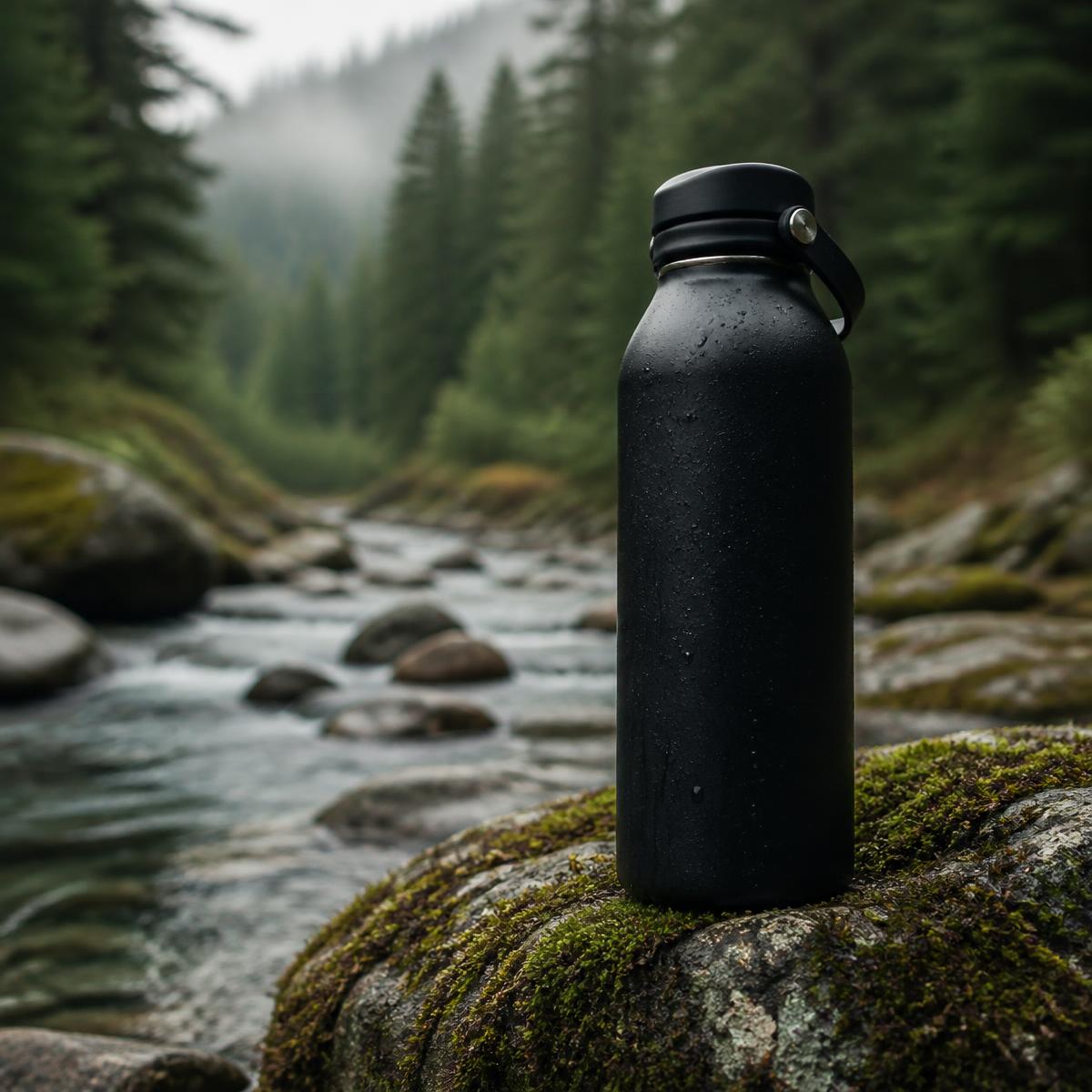 Botella isotérmica Solvex sujetada frente a un valle de montaña